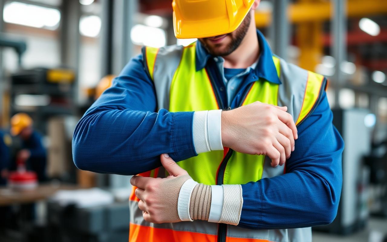 Worker with a bandaged arm — workplace injury